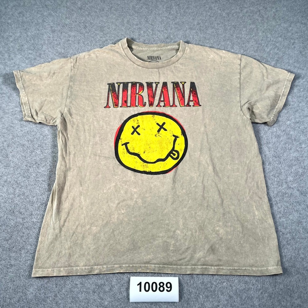 Nirvana T Shirt Mens Large Green Cotton Crew Neck Smiley Face Graphic Rock Band